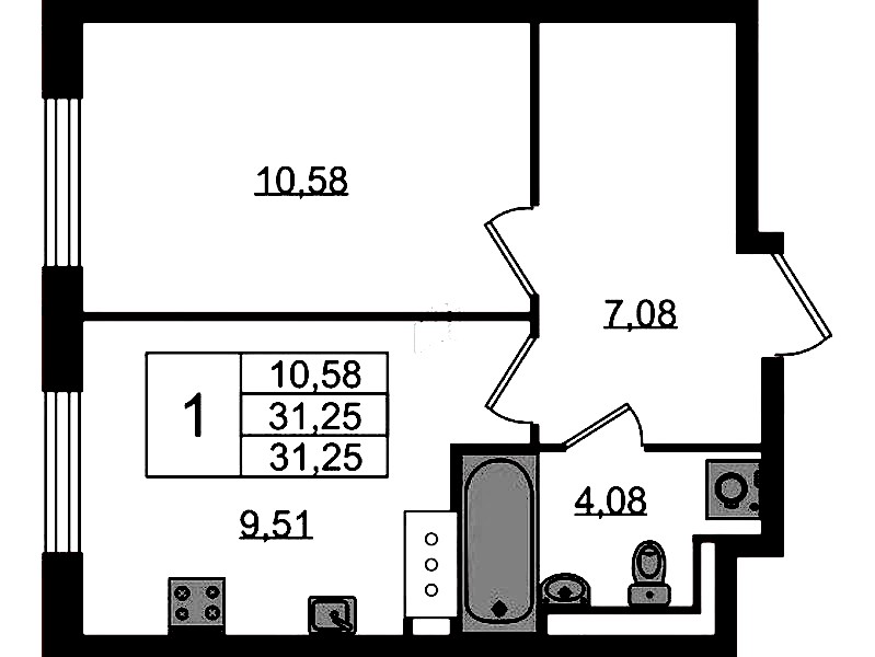 1-комнатная квартира 31.25 м², 3/13 эт., ЖК «Квартал Торики»
